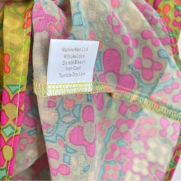 Julie Brown Top Womens 2 Blouse Neon Floral Ruffle Neckline Short Sleeve Green - Picture 5 of 7